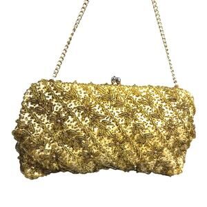 Vintage gold beaded handbag rhinestone kisslock clasp Richere Walborg Gatsby 5x9